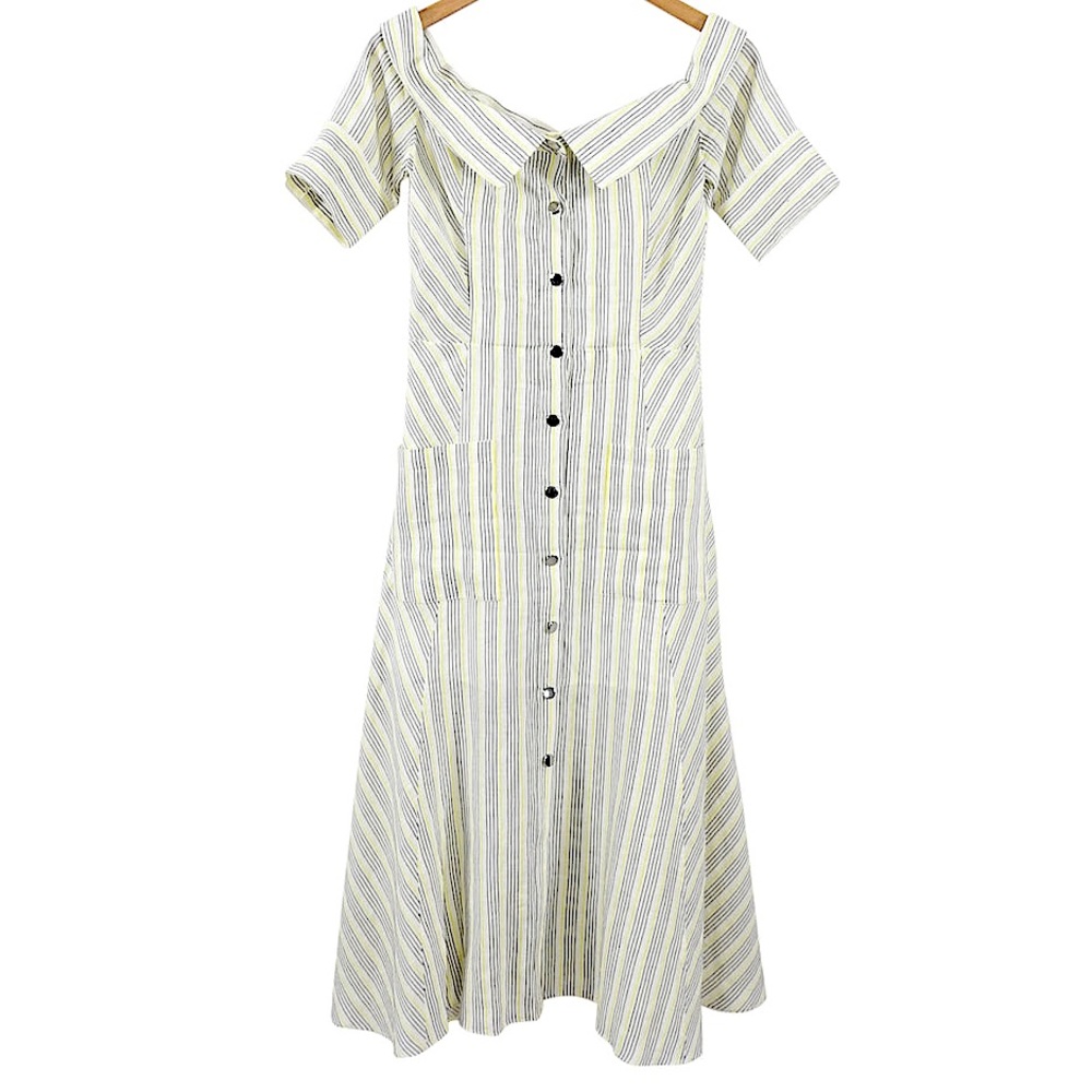 Veronica Beard Linen Dress White and Yellow Pinstripe Off Shoulder sz 12 Summer
